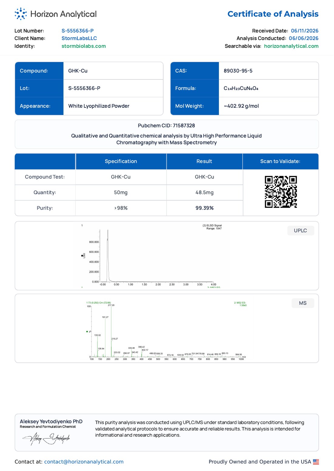 GHK-Cu Purity Certificate of Analysis