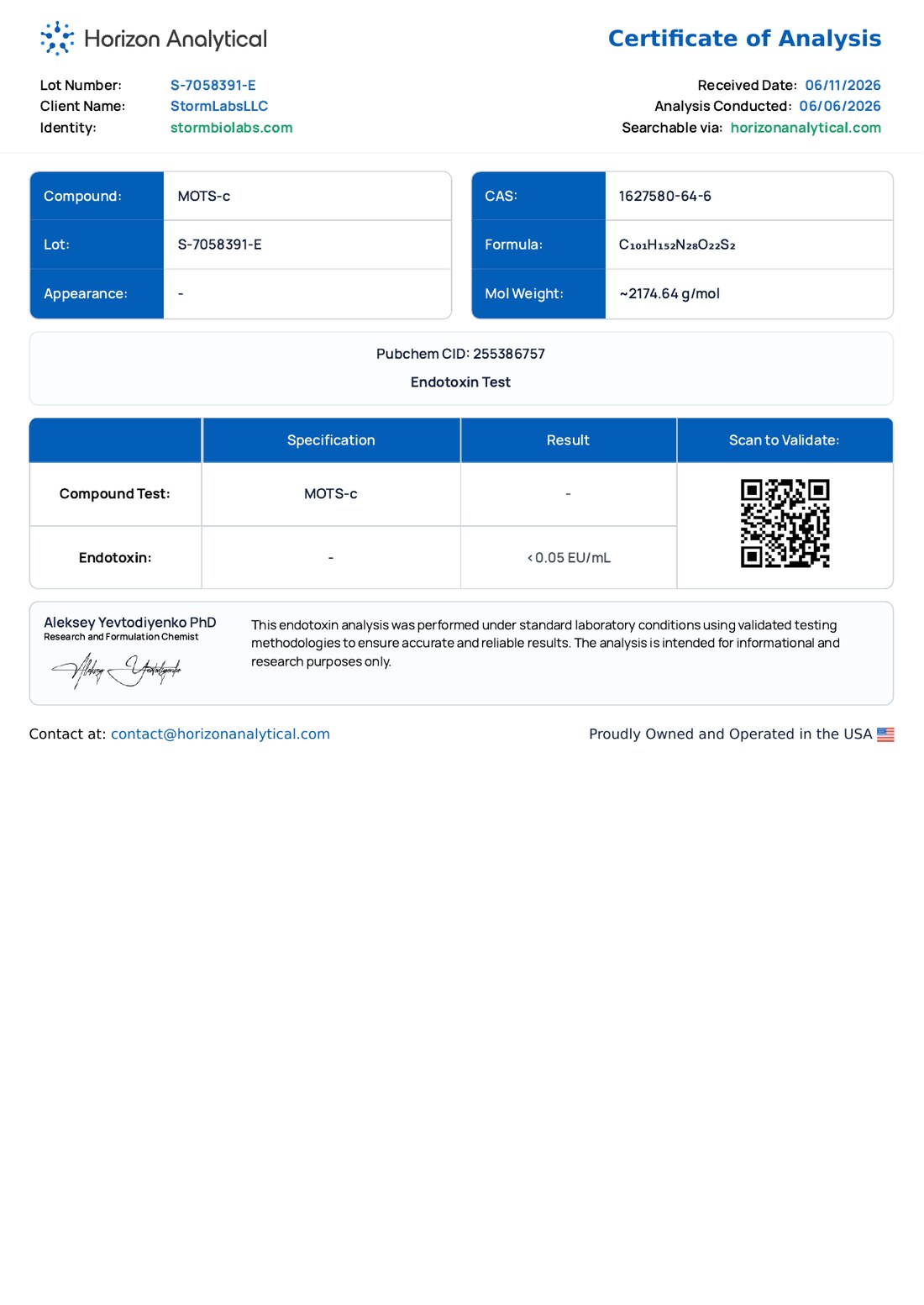 MOTS-C Endotoxin Certificate of Analysis