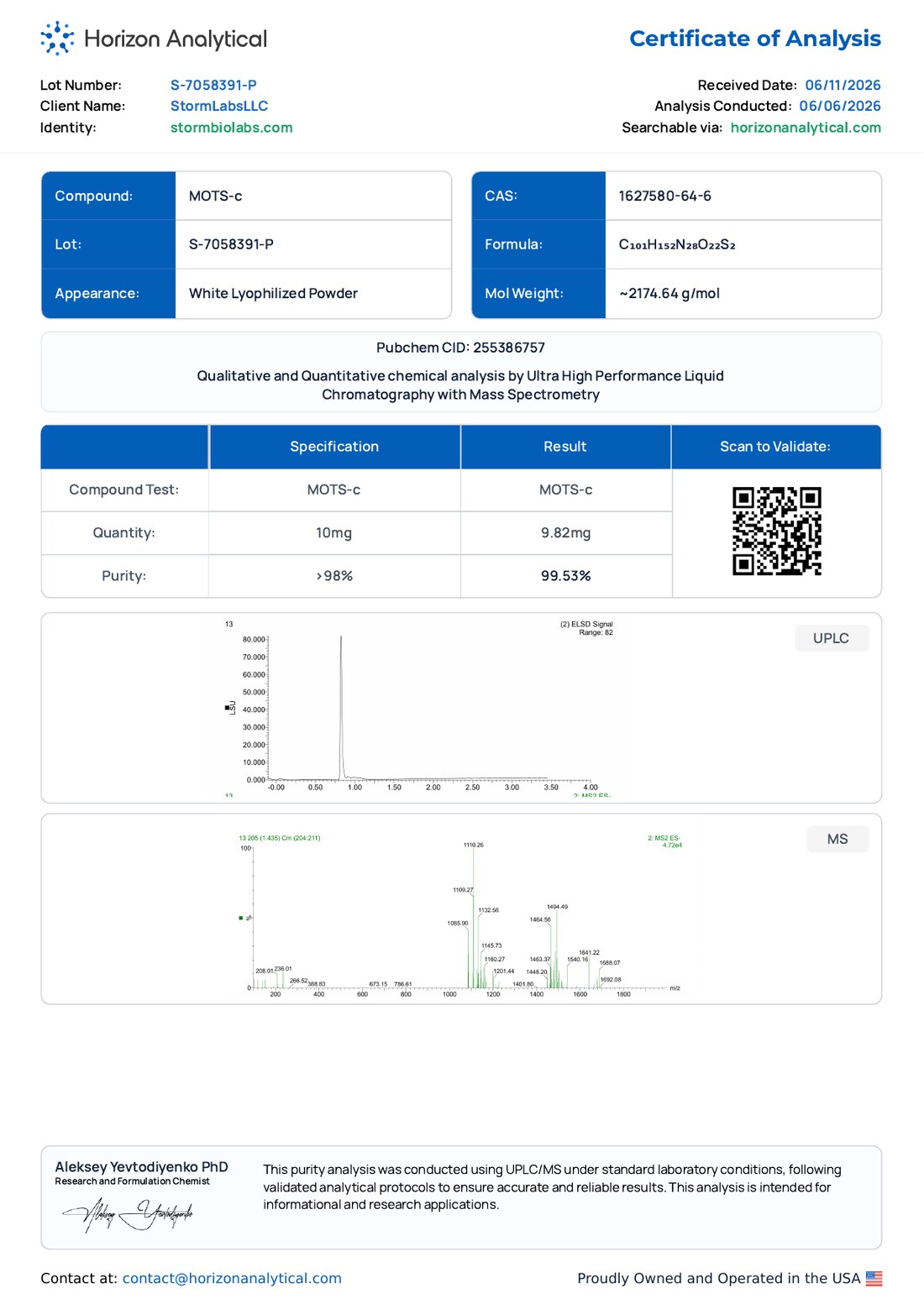 MOTS-C Purity Certificate of Analysis